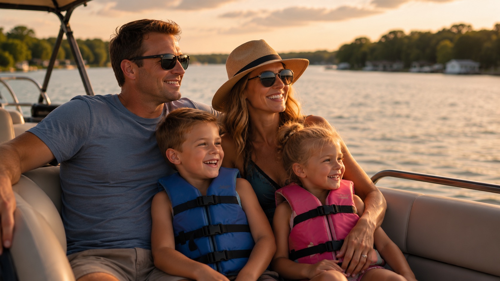 Family enjoying a river boat day at Lake Center Marina